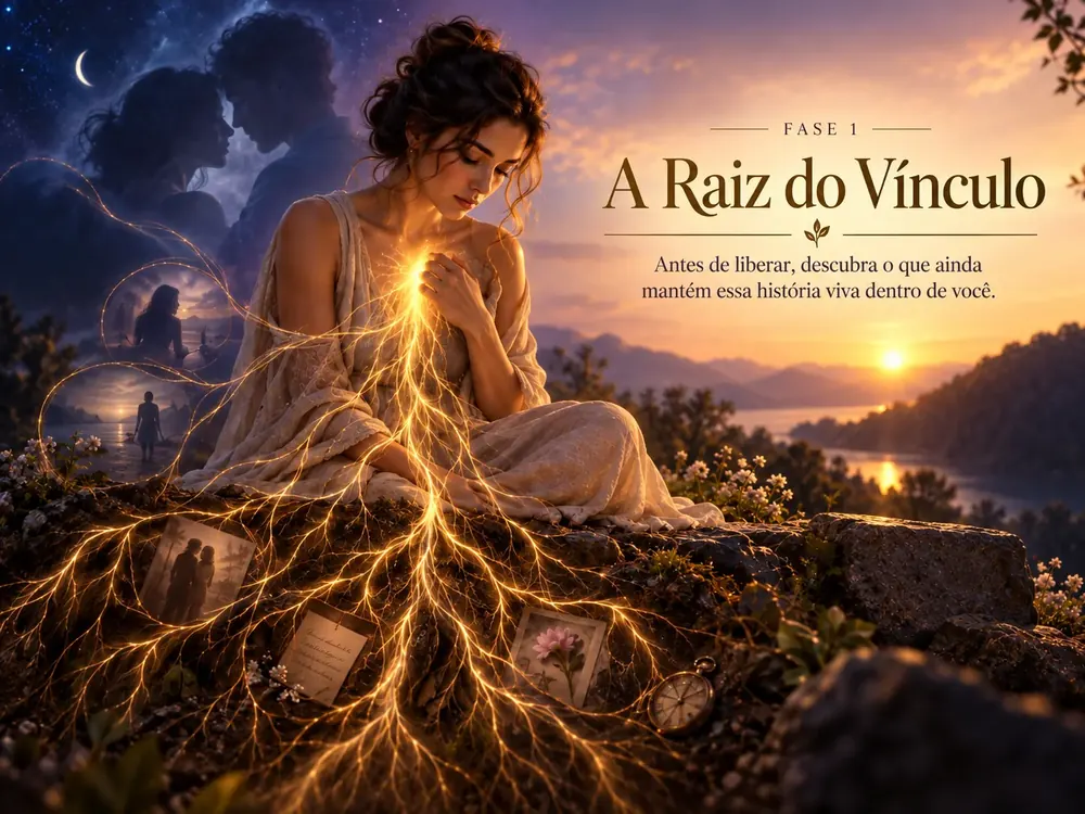Mulher com raízes de luz dourada saindo do peito, memórias entrelaçadas